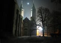 Mysterious gothic cathedral in Plock Poland at night by the moonlight. Cathedral of the Blessed Virgin Mary of Masovia, in Plock. Royalty Free Stock Photo