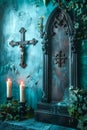 Mysterious Gothic Crypt Entrance with Crucifix and Burning Candles in Eerie Blue Light