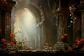 Mysterious gothic interior with columns and flowers. Halloween concept