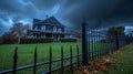 Mysterious Gothic-style house with iron fence on a stormy day, Halloween theme. Royalty Free Stock Photo