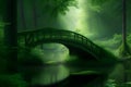 Mysterious green forest with bridge and river. 3D rendering