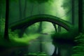 Mysterious green forest with bridge and river. 3D rendering