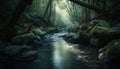 Mysterious green forest, tranquil water flowing fresh beauty generated by AI