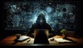 Mysterious Hacker in Dark Room with Digital Interface