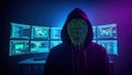 Mysterious hacker with digital mask in front of multiple screens Royalty Free Stock Photo