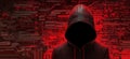Mysterious hacker figure cloaked in shadows against a backdrop of digital circuitry and red tones, symbolizing