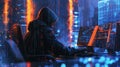 Mysterious hacker in a futuristic city. A hooded figure sits before multiple screens filled with code. Cyberpunk style