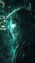 A mysterious hacker with a glowing binary face in a dark dystopian world of cybercrime Royalty Free Stock Photo