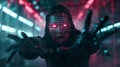 Mysterious hacker with glowing binary face in dark futuristic setting symbolizes cybercrime themes Royalty Free Stock Photo