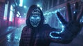 Mysterious hacker with glowing binary face in dark futuristic setting symbolizes cybercrime themes Royalty Free Stock Photo