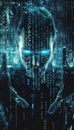 Mysterious hacker with glowing binary face in dark futuristic space symbolizing cybercrime control Royalty Free Stock Photo