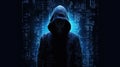 Mysterious Hacker Hoodie Binary Code Backdrop Online Security Breach Concept Generative AI