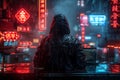 Mysterious hacker in hoodie with laptop against dark forex trading chart background for text space