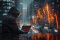 Mysterious hacker in hoodie and leather jacket analyzing forex trading chart in dark setting