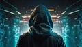 A mysterious hacker in a hoodie, viewed from behind as they look out at a futuristic cityscape