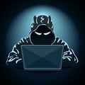 Mysterious hacker with laptop on dark background