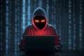 Mysterious hacker with red glowing mask hacking laptop against digital binary code Royalty Free Stock Photo