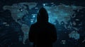 Mysterious Hacker Silhouette Against Glowing Digital World Map with Data Streams and Codes