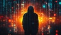 Mysterious Hacker Silhouetted in Abstract Binary Code Background with Light Effects - Tech-Themed Graphic for Social Med