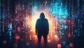 Mysterious Hacker Silhouetted in Abstract Binary Code Background with Light Effects - Tech-Themed Graphic for Social Med