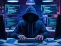 Mysterious Hacker Working in a Dimly Lit Room with Multiple Monitors