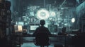 Mysterious Hacker Working Late at Night in a Dark Room Filled with Computer Screens Displaying Complex Data and Code Royalty Free Stock Photo