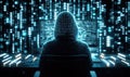 A mysterious hacker works on a computer, surrounded by glowing data streams, representing the world of cybersecurity and