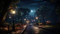 Mysterious Halloween background with cobblestone street and full moon