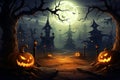 Mysterious Halloween Background with Moonlight, Pumpkins, and Ghostly Shadows, Eerie Night Scene with Haunted House, generative AI