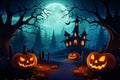 Mysterious Halloween Background with Moonlight, Pumpkins, and Ghostly Shadows, Eerie Night Scene with Haunted House, generative AI