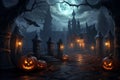Mysterious Halloween Background with Moonlight, Pumpkins, and Ghostly Shadows, Eerie Night Scene with Haunted House, generative AI