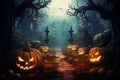 Mysterious Halloween Background with Moonlight, Pumpkins, and Ghostly Shadows, Eerie Night Scene with Haunted House, generative AI