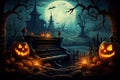 Mysterious Halloween Background with Moonlight, Pumpkins, and Ghostly Shadows, Eerie Night Scene with Haunted House, generative AI