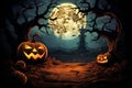 Mysterious Halloween Background with Moonlight, Pumpkins, and Ghostly Shadows, Eerie Night Scene with Haunted House, generative AI