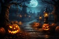 Mysterious Halloween Background with Moonlight, Pumpkins, and Ghostly Shadows, Eerie Night Scene with Haunted House, generative AI