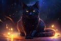 Mysterious Halloween black cat, sparking magical sparks, illustration in style of realistic fantasy artwork