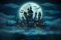 Mysterious Halloween fortress shrouded in mist under the luminous full moon glow