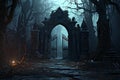 Mysterious halloween scene with haunted castle and graveyard