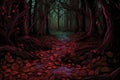 Mysterious halloween spooky forest with path,