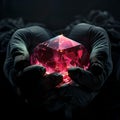 Mysterious hands holding a vibrant gemstone in the dark. precious ruby reflecting light. conceptual and elegant image of
