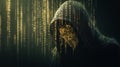 a mysterious hooded figure, in a binary code theme, against a modern dark background Royalty Free Stock Photo