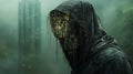 a mysterious hooded figure, in a binary code theme, against a modern dark background Royalty Free Stock Photo