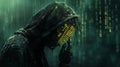 a mysterious hooded figure, in a binary code theme, against a modern dark background Royalty Free Stock Photo