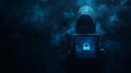 Mysterious hooded figure in the dark holding a tablet displaying a lock symbol with digital coding. Cybersecurity and
