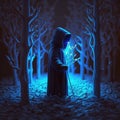 mysterious hooded figure in a lonely forest, with a glowing staff in one hand digital character avatar AI generation