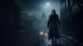 Mysterious Hooded Figure In Rich 19th Century Alleyway - Immersive 2d Game Art