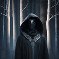 Mysterious hooded figure standing in a moonlit forest clearing5