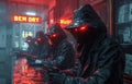 Mysterious Hooded Figures with Red Glowing Eyes in a NeonLit Cyberpunk Setting