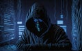 A mysterious hooded hacker wearing a black mask, illuminated by the glow of multiple computer screens Royalty Free Stock Photo