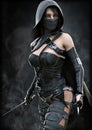 Mysterious hooded silent rogue assassin female piercing through the smoke toward her target with a dagger in hand .